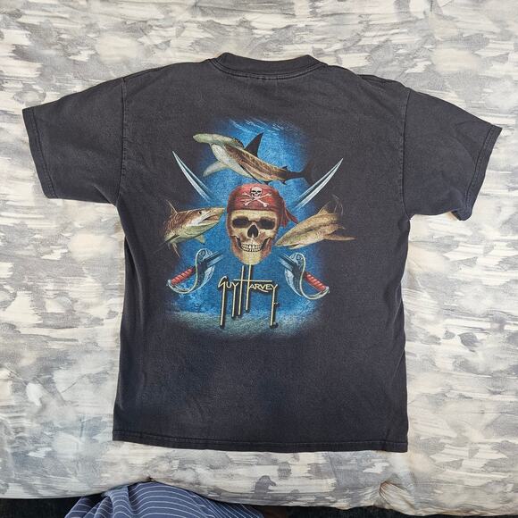 Guy Harvey Black Gray Pirate T-Shirt Beach Ocean Ship Youth size Large 14/16 - Picture 1 of 6
